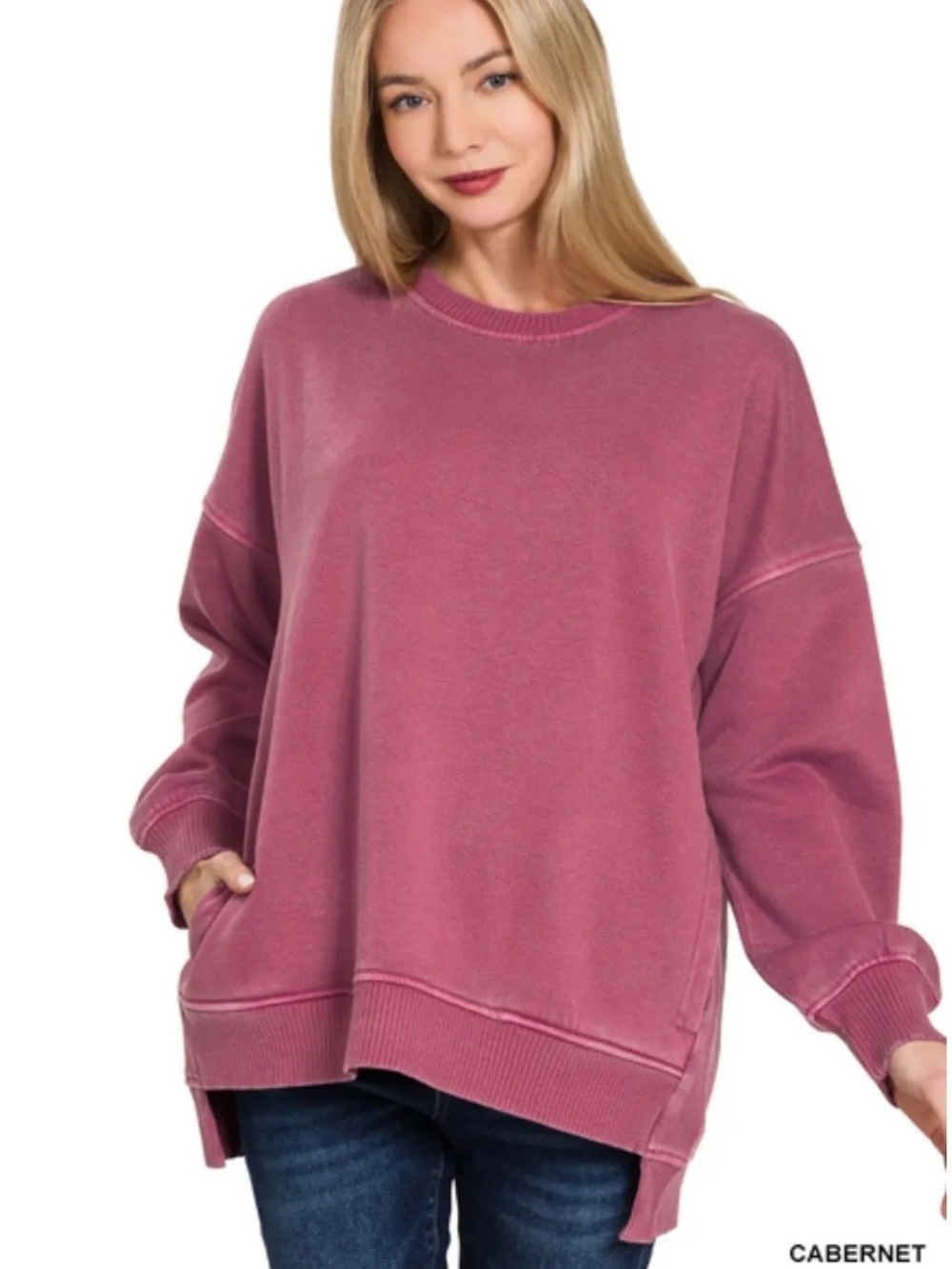 Zenana Cabernet Pigment Dye Fleece High-Low Sweatshirt